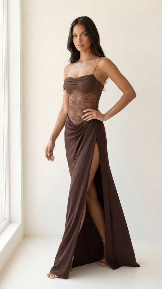 Seraphina | Lace & Satin Draped Maxi Dress
