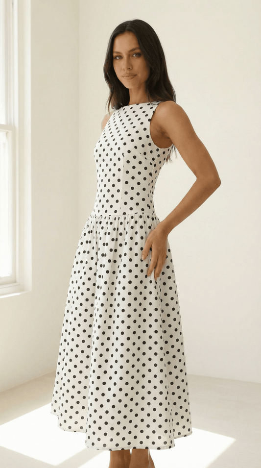 Monroe — Polka Dot Halter Midi Dress - Avorelia