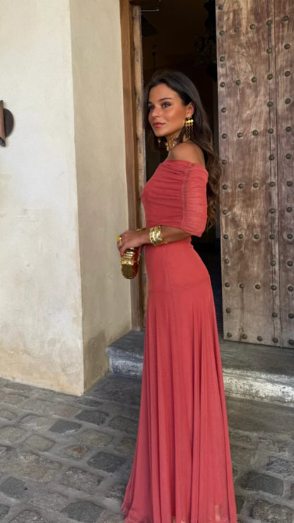 Sienna Off - Shoulder Mesh Maxi Dress - Avorelia