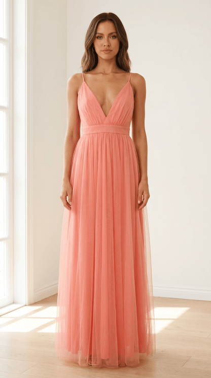 Aurelia Coral Backless Maxi Dress - Avorelia