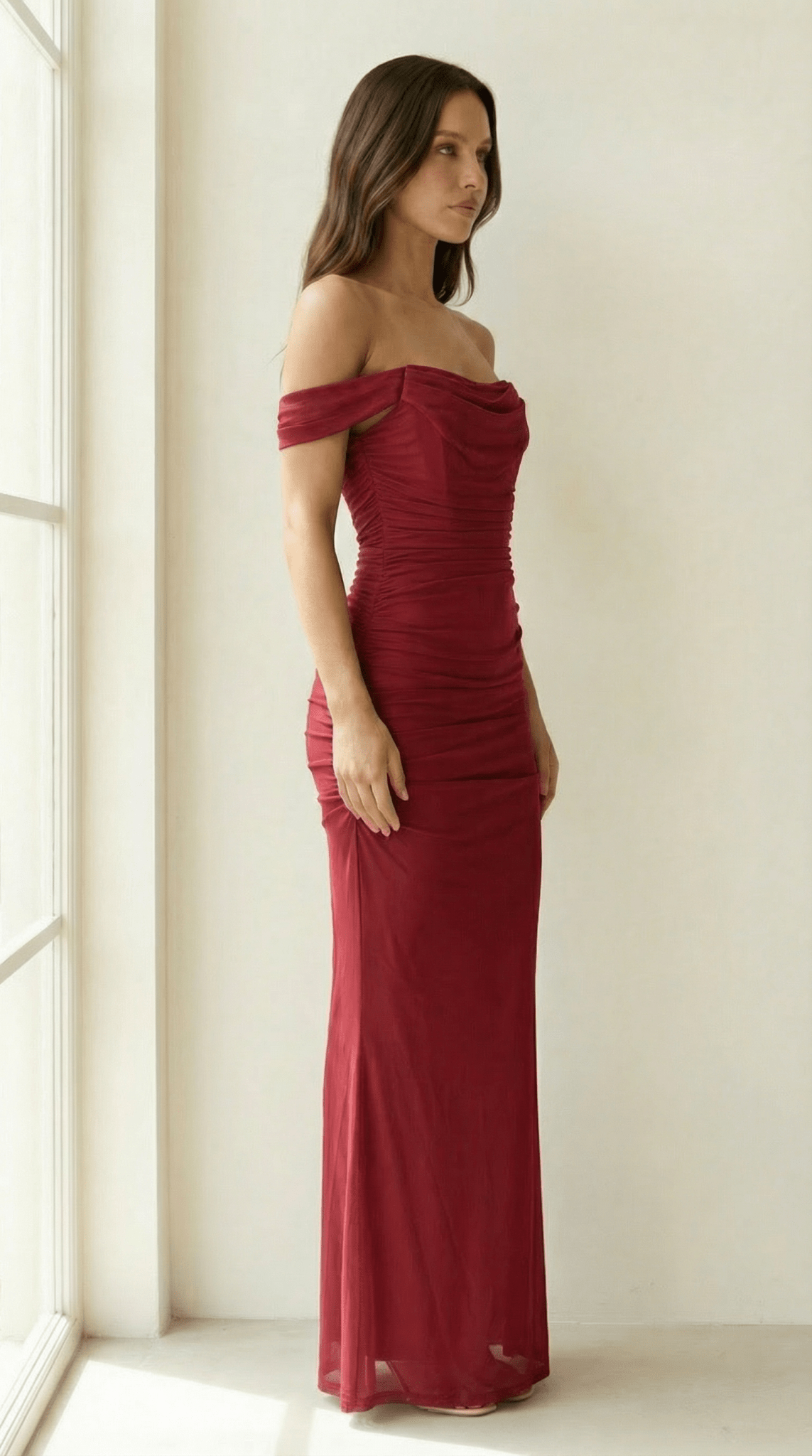 Ruched Off - Shoulder Maxi Dress - Avorelia